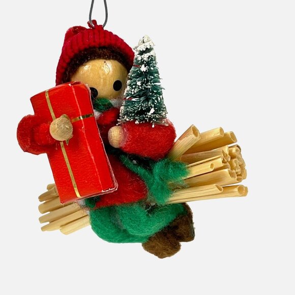Vintage Handmade Christmas Ornament Child Holding Gift & Tree - Picture 1 of 4